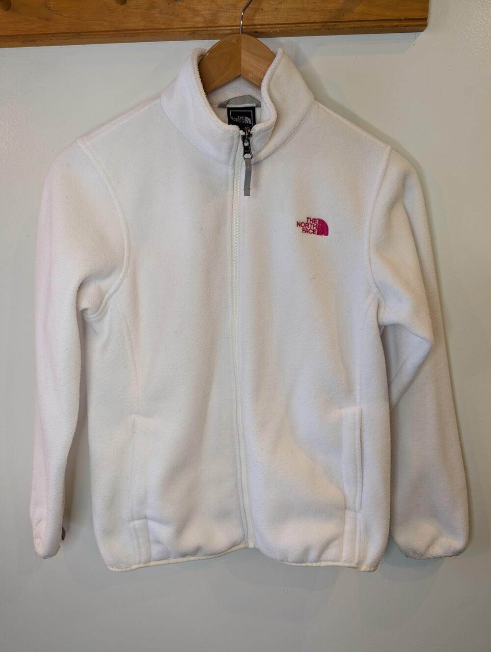 The North Face Girls L 14/16 White Fleece Full Zip Jacket Pink Logo Soft